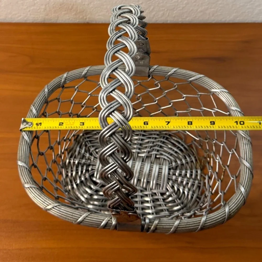 Handmade Vintage Aluminum Woven Wire Basket with Braided Handle Silver Tone Met